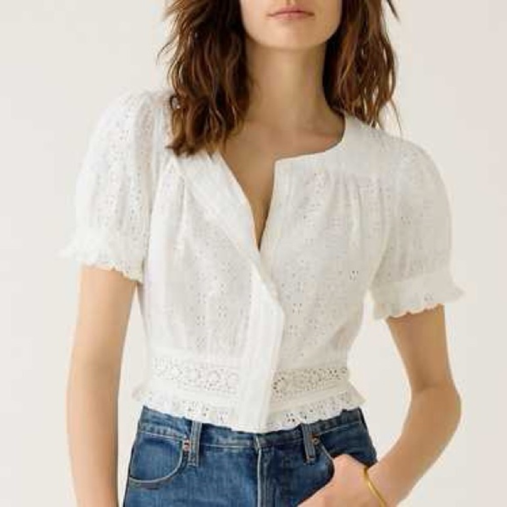 J. Crew NWT Eyelet Cropped Top Blouse Lace Covered Buttons BLACK medium